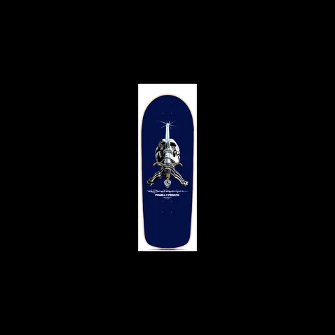 Powell Peralta Ray Bones Rodriguez skateboard deck: Navy blue old-school deck with a skull above crossed skeletal arms gripping a sword that pierces upward with a starburst, with the rider's signature and Powell Peralta logo beneath.
