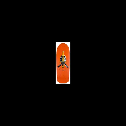 Powell Peralta Ray Bones Rodriguez Orange skateboard deck: A skull and sword graphic, a grey skull with a gold-hilted sword through it and snake-like wrapping, with a signature and small Powell Peralta text, on an orange old-school shaped deck.