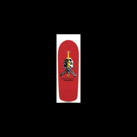 Powell Peralta Ray Bones Rodriguez Red skateboard deck: Red old-school shaped deck with the Skull and Sword graphic: a skull above crossed bones with a golden sword blade through it. Signature and Powell Peralta logo beneath.