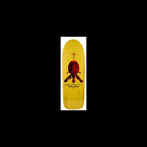 Powell Peralta Ray Bones Rodriguez Yellow skateboard deck: Red skull with a spine and ribs hanging below it, with star-like rays above, printed on a yellow stained old-school deck. Signature and Powell Peralta text beneath.
