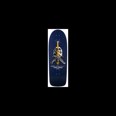 Powell Peralta Ray Rodriguez Navy skateboard deck: A skull above crossed skeletal arms gripping a gold sword with a starburst at its tip, with a signature and logo beneath, on a navy blue deck.