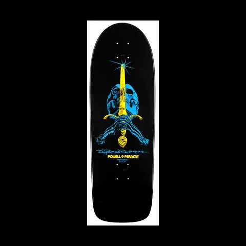 Powell Peralta Ray Rodriguez Skull & Sword Black skateboard deck: A blue skull with skeletal hands gripping a yellow sword through it, with a starburst at the tip, on a black old-school deck. The rider's signature and Powell Peralta text sit beneath.