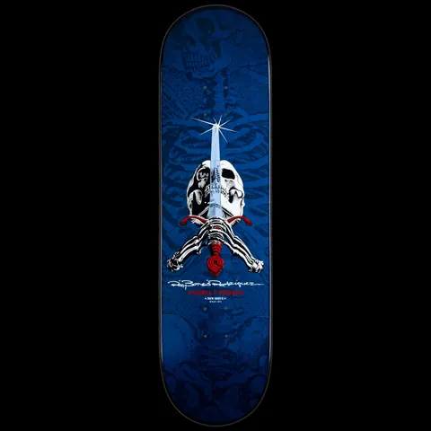 Powell Peralta Ray Rodriguez Skull & Sword Navy skateboard deck: Navy deck with a tone-on-tone skeleton ribcage and spine pattern, and a white skull above crossed skeletal hands gripping a blue sword with a red hilt and starburst tip. Signature and Powell Peralta logo below.