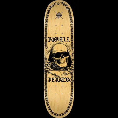 Powell Peralta Ripper Chainz Blem Natural skateboard deck: A skull in sunglasses rips through the surface with clawed hands, framed by black chains down both edges and the brand name in gothic lettering above and below, on a natural wood deck.