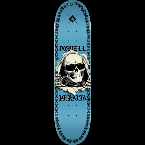 Powell Peralta Ripper Chainz Navy skateboard deck: A skull in sunglasses tears through the deck surface with skeletal hands gripping the rip, framed by blackletter Powell Peralta lettering above and below. A heavy chain runs down both edges on a blue deck.