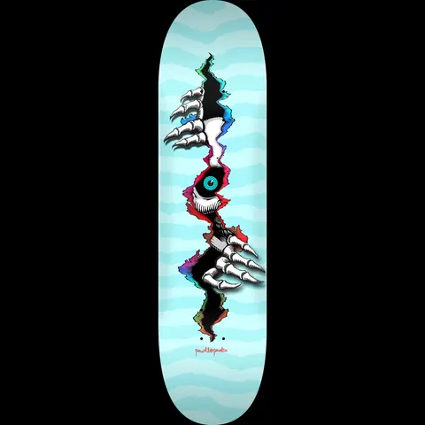 Powell Peralta Ripper Peeker Blem Lt. Blue skateboard deck: A jagged tear down the middle of a light blue wavy-striped deck reveals a staring eye and two skeletal clawed hands pulling the rip open.