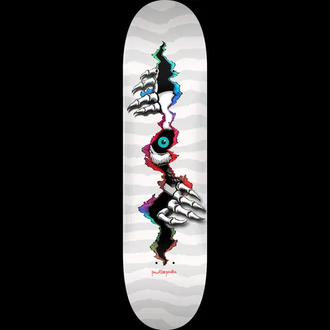 Powell Peralta Ripper Peeker Blem White 243 K20 skateboard deck: Skeletal clawed hands pull open a jagged tear in a white deck, revealing a staring blue eye with rainbow-edged torn paper, over faint grey wavy stripes. Small red Powell Peralta lettering is near the tail.