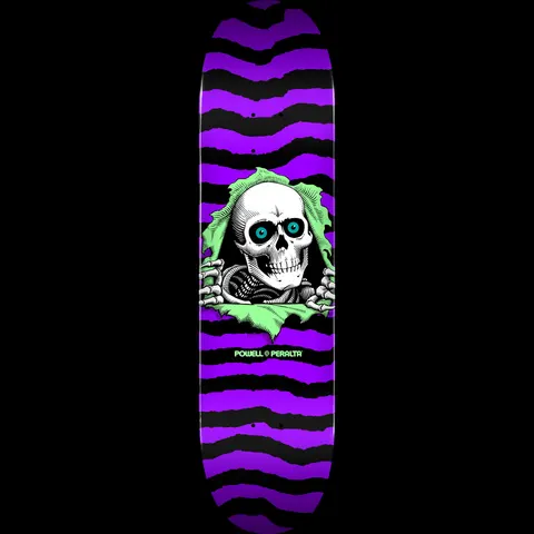 Powell Peralta Ripper Blem Purple 244 K20 skateboard deck: A skull with blue eyes and clawed hands rips through a green torn patch over purple and black wavy stripes.