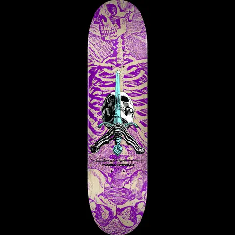 Powell Peralta Rodriguez Skull and Sword Blem Purple skateboard deck: A skull above skeletal hands gripping a turquoise sword, over a purple print of a ribcage and skull on a natural wood deck, with a signature and logo below.