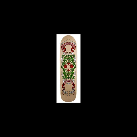 Powell Peralta Rose Bones Natural skateboard deck: Natural wood deck with a symmetrical vine of green leaves and red roses framed by white bones and thorns, with red ribbon banners at each end carrying Powell Peralta and Skateboards.
