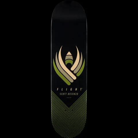 Powell Peralta Scott Decenzo Flight - Shape 248 skateboard deck: A stylised winged emblem in cream, grey and olive green above Flight and Scott Decenzo text, with olive chevron stripes filling the lower tail, on a black deck.
