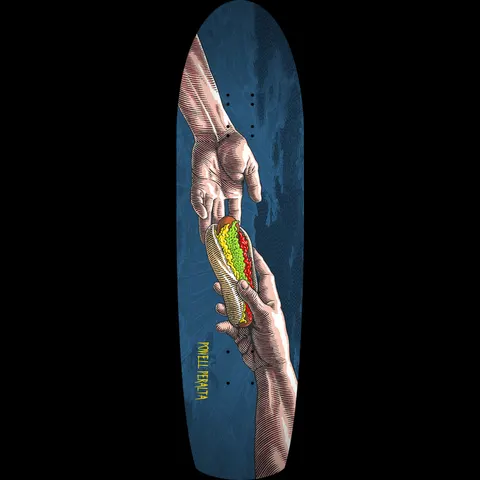 Powell Peralta Funshape Hands Navy skateboard deck: Engraved-style illustration of two hands reaching towards each other in the manner of the Creation of Adam, passing a hot dog topped with mustard, ketchup and relish, on a mottled navy background.