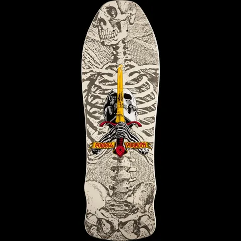 Powell Peralta Skull and Sword GeeGah White skateboard deck: A large skeleton in a grainy engraved style fills the old-school shaped deck. The Powell Peralta skull and sword logo with skeletal hands and a gold dagger sits over the ribcage, with a yellow scroll banner.