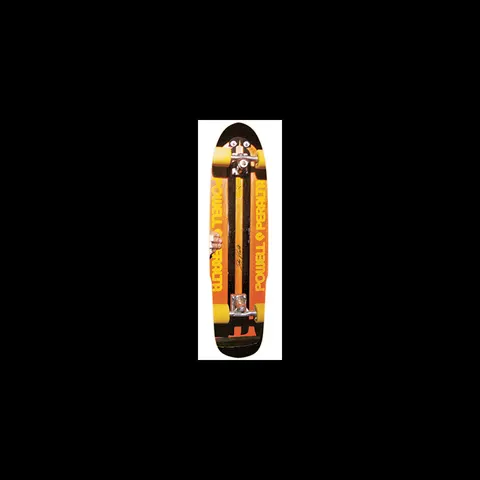 Powell Peralta Stacy Peralta Faux Beamer skateboard deck: A complete board seen from above, with the brand name in yellow lettering down both sides of orange panels and a black central strip carrying a signature, with yellow wheels and silver trucks. Small image.