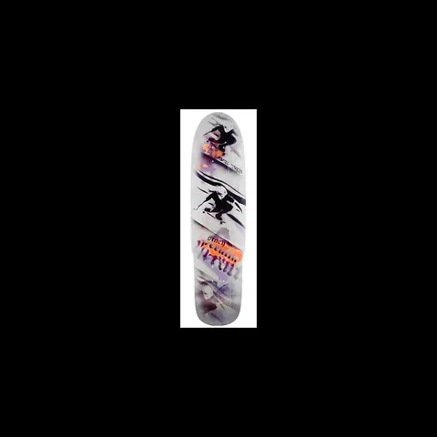 Powell Peralta Stacy Peralta Hipster skateboard deck: Painterly white deck with two dark brushed silhouettes of skateboarders mid-trick, streaks of orange and purple, and a spray-stencil style Stacy name in orange near the tail.