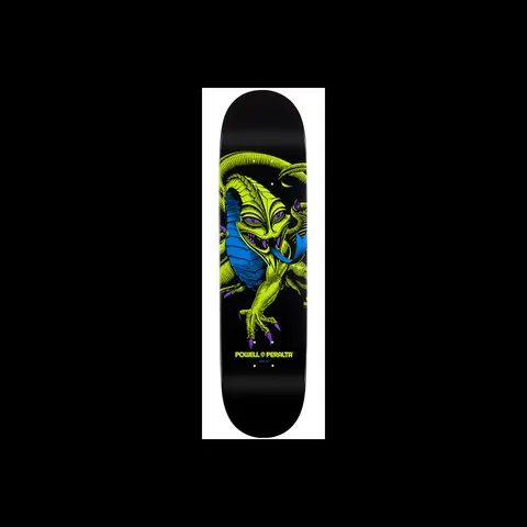 Powell Peralta Steve Caballero BL Dragon 2 skateboard deck: Black deck with a lime green engraved-style dragon with blue underbelly and purple claws coiled across the centre, with the Powell Peralta name in yellow below.