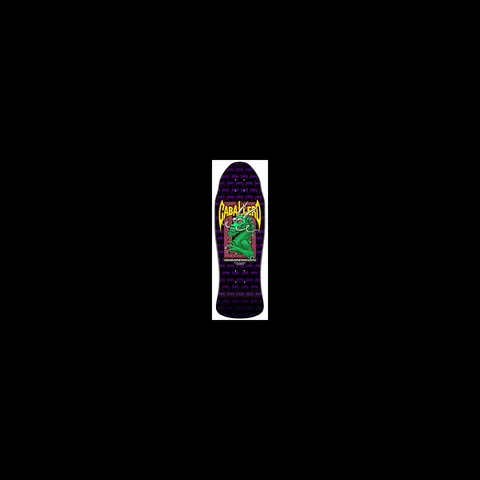Powell Peralta Steve Caballero Dragon and Bats (Blem) skateboard deck: Reissue-shape deck with a green dragon inside a red maze-pattern panel, the rider's name in yellow winged lettering above, on a purple and black field of repeating bat shapes. Photo is small.