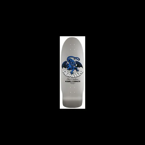 Powell Peralta Steve Caballero Dragon II Silver skateboard deck: A blue winged dragon curls around arched 'Caballero' lettering above a signature and Powell Peralta logo, on a plain silver deck.