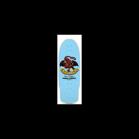 Powell Peralta Steve Caballero Dragon II Spoon Nose skateboard deck: A red winged dragon crouching above chunky yellow CABALLERO lettering, with a signature and Powell Peralta logo beneath, centred on a pale blue spoon-nose deck.
