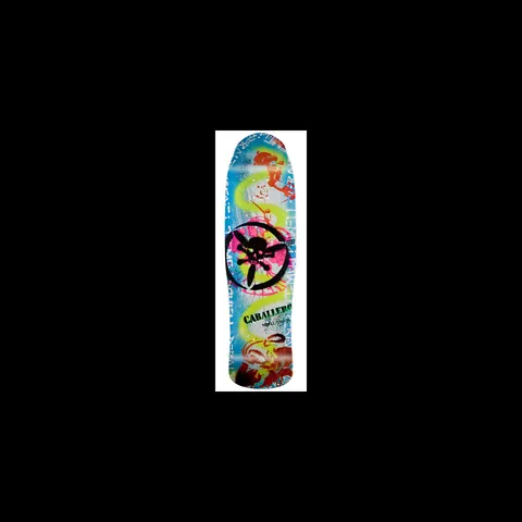 Powell Peralta Steve Caballero Stencil skateboard deck: A black skull with propeller-style blades inside a circle sits on a graffiti-style stencil and spray-paint background with a yellow-green snake, pink splashes and small figures, on blue and white.