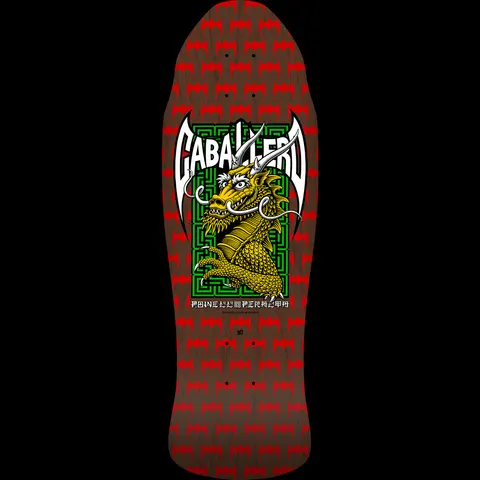 Powell Peralta Steve Caballero Street Red/Brown skateboard deck: Yellow dragon with white horns rising before a green maze panel, under a large white Caballero name in a batwing shape. Rows of red bat logos repeat across the brown stained deck.