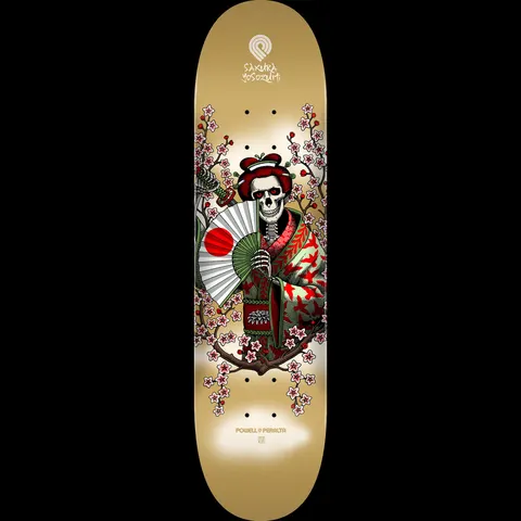 Powell Peralta Yosozumi Samurai GOLD - Shape 243 K20 skateboard deck: Skeleton in a red and green kimono with a topknot hairstyle holds a Japanese rising-sun fan, framed by cherry blossom branches and a katana, on a gold deck. Sakura Yosozumi name at the top.