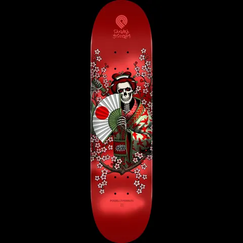 Powell Peralta Yosozumi Samurai Red - Shape 244 K20 skateboard deck: Skeleton dressed in a floral kimono holding a folded fan with a red sun, surrounded by cherry blossom branches and a katana, on a glossy metallic red deck.