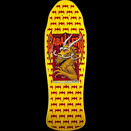 Powell Peralta Caballero Street Yellow skateboard deck: Old school street shape with a golden dragon bust in a red Greek key frame, under red CABALLERO lettering with winged edges. A repeating dark red bat-like pattern fills the yellow background.