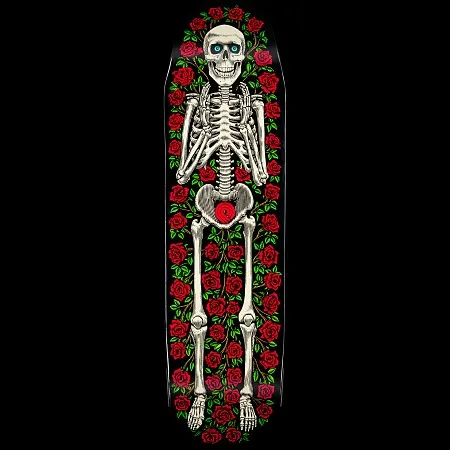 Powell Peralta Casket Funshape skateboard deck: Full-length smiling skeleton lying in a coffin-shaped deck, surrounded by red roses and green vines on a black background. Bones are cream with turquoise eyes and a red rose at the pelvis.