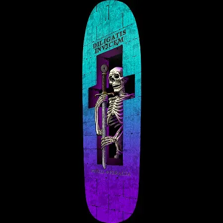 Powell Peralta Funshape Diligatis 2 skateboard deck: Shaped deck with a teal-to-purple gradient over a cracked stone brick wall. A skeleton holding a sword stands in a cross-shaped opening, with Latin text above and Powell Peralta lettering below.