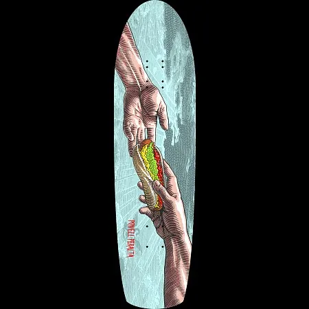 Powell Peralta Funshape Hands 2 skateboard deck: Engraving-style parody of Michelangelo's Creation of Adam: two hands reach towards each other, one passing a hot dog loaded with colourful toppings. Pale blue-grey cloudy background on a shaped deck.