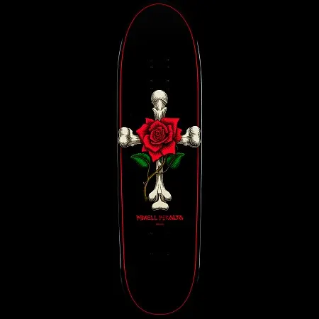 Powell Peralta Funshape Rose Cross skateboard deck: A red rose with green leaves and a thorny stem sits at the centre of a cross made of bones, on a black deck with a thin red outline. Powell Peralta name in red below.