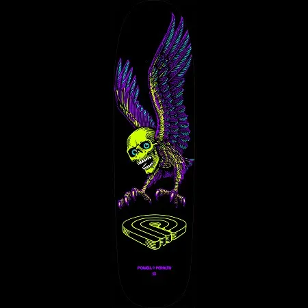 Powell Peralta Funshape Winged Skull 2 skateboard deck: Winged skull with outstretched purple and cyan feathered wings and talons, in a line-engraved style on black. The Powell Peralta spiral logo sits in lime green beneath.