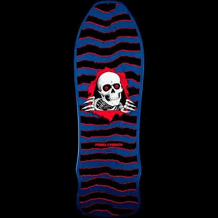 Powell Peralta Gee Gah Ripper Blue skateboard deck: Powell Peralta Ripper skull in white with red eyes bursting through a red tear, with skeletal hands, over wavy red-and-blue striped lines on a black old-school shaped deck. Brand name in red below.