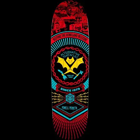 Powell Peralta Guest Artist Winston Smith 2 skateboard deck: Black deck with a heraldic crest of a yellow bat with crossed tools inside a red rope ring and cyan sunburst. A red collage of political figures and clippings sits at the nose, with banners and lightning bolts below.