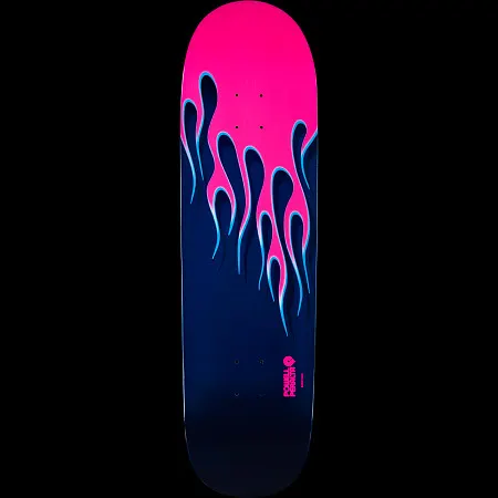 Powell Peralta Hot Rod skateboard deck: Flames licking down from a hot pink top over a navy blue deck, edged in light blue highlights. A small Powell Peralta logo sits in pink near the tail.