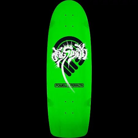 Powell Peralta Jay Smith Original skateboard deck: Spiky white Jay Smith signature script with a long tail curves over a black circular hand-and-ring emblem on a bright green old-school shaped deck. Powell Peralta logo sits in a rounded box beneath.
