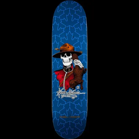 Powell Peralta Kevin Harris Mountie Navy skateboard deck: Skeleton dressed as a Mountie in a brown hat and red tunic, holding a brown bear cub, on a navy deck patterned with outlined maple leaves. White signature and Powell Peralta name at the bottom.