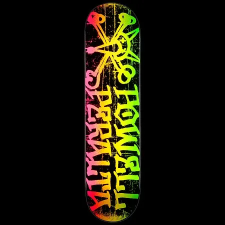 Powell Peralta LIGAMENT Vato Rat 2 skateboard deck: Powell Peralta Vato Rat logo with a skull and crossed bones above distressed hand-lettered 'POWELL PERALTA' text, in a rainbow gradient from pink through yellow to green on black.