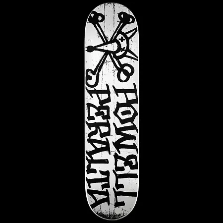 Powell Peralta LIGAMENT Vato Rat 3 skateboard deck: Distressed black-on-white print of the Vato Rat skull with crossed bones at the nose, above large graffiti-style Powell Peralta lettering running down the deck.