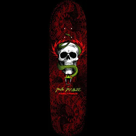 Powell Peralta McGill Snake Skin Fun Shape 2 skateboard deck: White skull with a green snake coiled through it, framed by red spiked flashes, over a dark red snakeskin scale pattern on black. Mike McGill's signature and the Powell Peralta logo appear below.