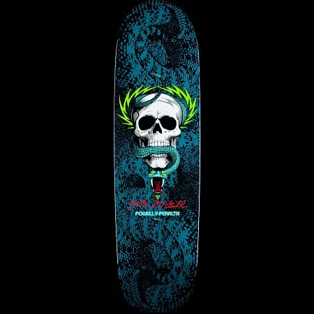 Powell Peralta Mike McGill Snake Skin Funshape skateboard deck: Skull with a teal snake coiled through it and a green lightning-bolt halo, over a teal and black snakeskin pattern. The rider signature is in red script, with the brand name below.