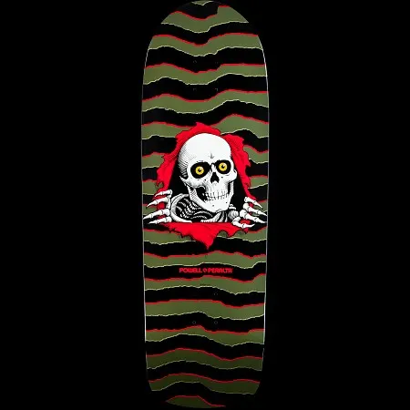 Powell Peralta Old School Ripper Olive skateboard deck: Powell Peralta Ripper: a white skull with yellow eyes and skeletal hands tearing through a red rip, over wavy torn olive green and black stripes. POWELL PERALTA in red lettering beneath.