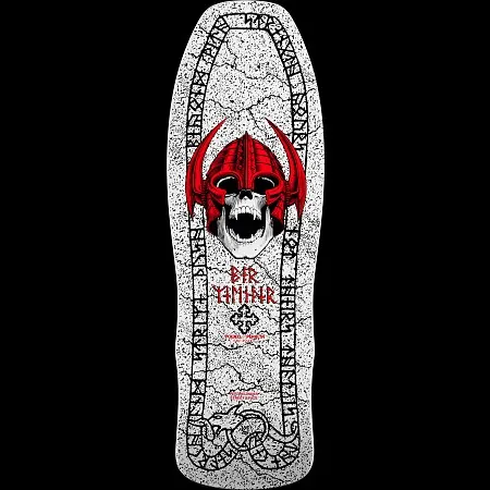 Powell Peralta Per Welinder Nordic Skull White skateboard deck: Screaming skull in a red horned Viking helmet inside a cracked, speckled white coffin-shaped border of black runic writing, with a serpent at the base and a small cross emblem under the name.