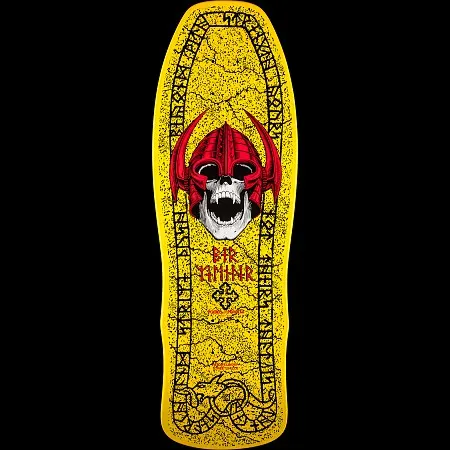 Powell Peralta Per Welinder Nordic Skull Yellow skateboard deck: A screaming skull in a red horned Viking helmet sits at the centre of a cracked yellow surface, framed by a black runic inscription border with a serpent at the tail. Per Welinder name in runic-style red lettering below.