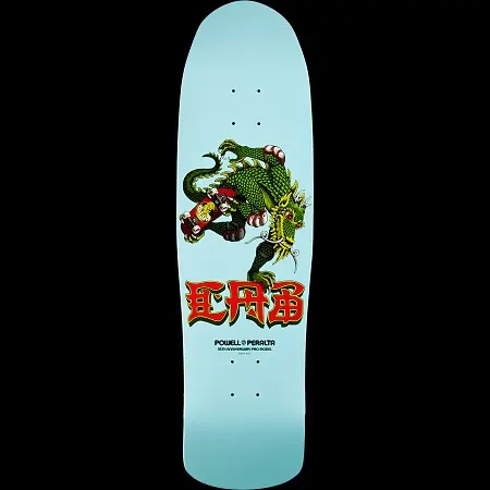 Powell Peralta Pro Steve Caballero 35th Year Anniversary Dragon skateboard deck: Green scaly dragon coiled around a red skateboard on a pale blue old-school shaped deck, with red and yellow Chinese-style CAB lettering below and small anniversary text.
