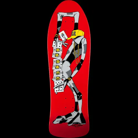 Powell Peralta Ray Barbee Ragdoll skateboard deck: Tall, loose-limbed grey ragdoll figure in a yellow cap and gold chains, bent over and fanning out a column of playing cards printed with yellow smiley skulls. Red old-school shaped deck.