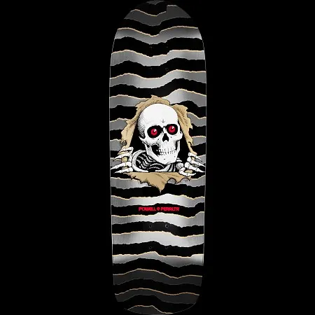 Powell Peralta Ripper Grey skateboard deck: Old-school shaped deck with wavy torn-paper stripes in black and silver. A white skull with red eyes and skeletal hands rips through the centre.