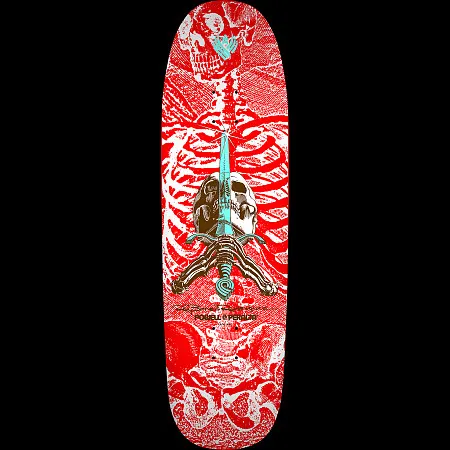 Powell Peralta Rodriguez Skull & Sword 5 FLIGHT Red/Wht skateboard deck: Skull with a turquoise sword and skeletal hands over a white rib cage and pelvis printed in a coarse engraved style, with a second skull at the top, all on red. Powell Peralta logo and signature beneath the central skull.