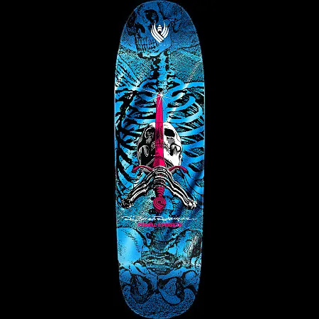 Powell Peralta Rodriguez Skull & Sword FLIGHT Blue Foil skateboard deck: Skull gripping a pink sword with skeletal hands, over a blue foil rib cage, spine and pelvis pattern. Flight logo at the nose and Ray Rodriguez signature above the Powell Peralta text.